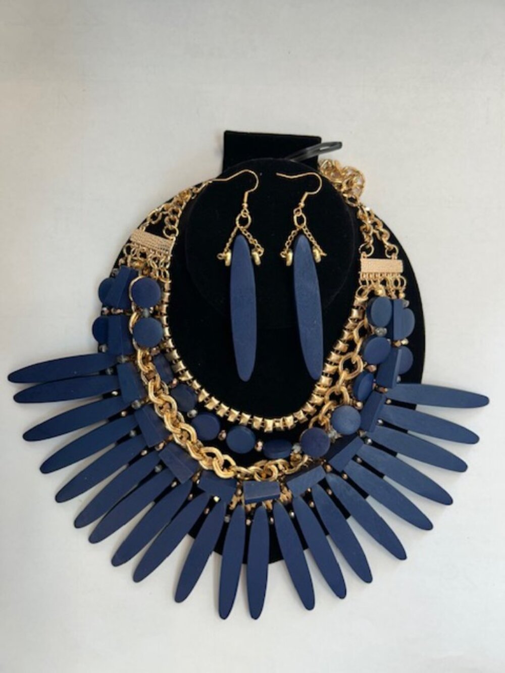Blue and Gold Tribal-Inspired Wooden Necklace & Earring Set